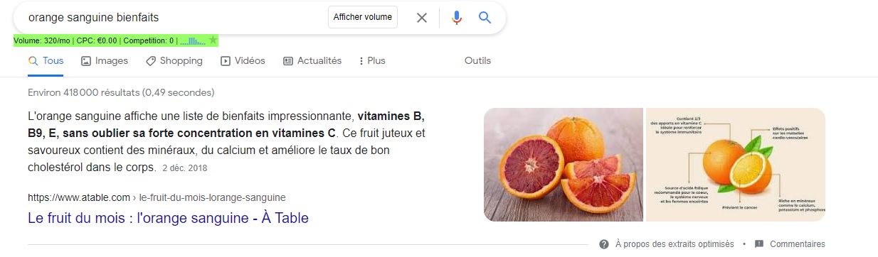 Featured snippet Google sur l'expression orange sanguine bienfaits