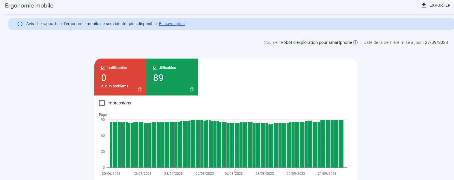 Rapport de l'ergonomie sur mobile depuis la Google Search Console